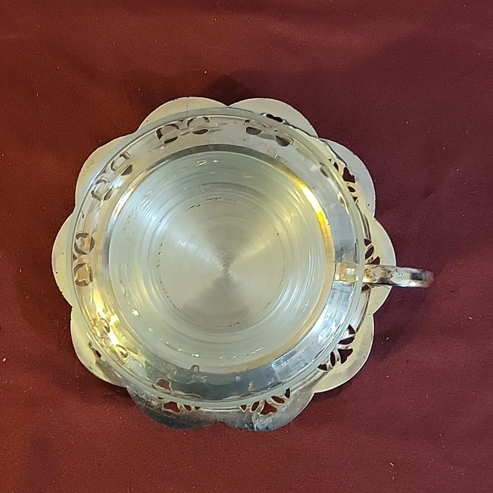 Clear Glass Teacup with Silver Plated Metal Saucer, made in Germany-latticework